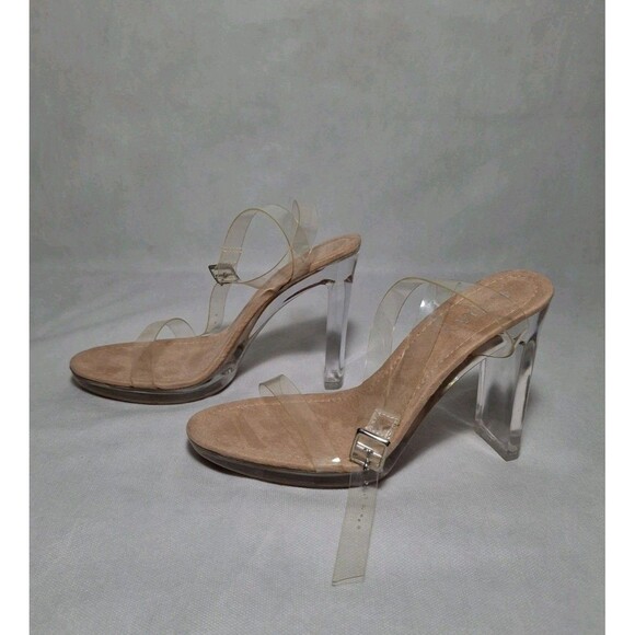 Women's Clear Ankle Straps Block Heel Sandals Womens 8.5 Nude Beige - Picture 3 of 9